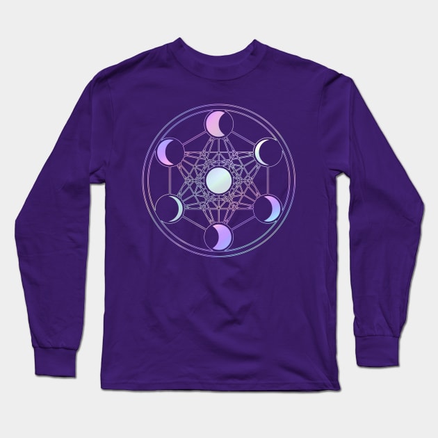 Sacred Geometry Spiritual Meditation Metatrone cube Moon Phases Long Sleeve T-Shirt by thedoomseed